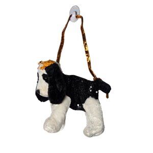 Poochie & Co. Black and White Dog Plush Handbag Purse Skull and Bones Bow Sequin